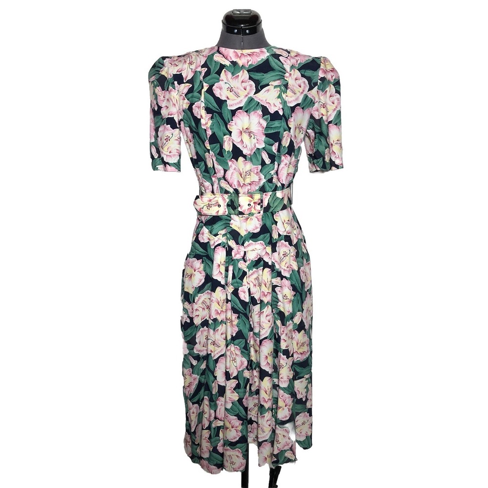 Vintage 80s Floral Dress Belted E.D. Michaels Puff Sleeve Cottagecore 37-30-44‎